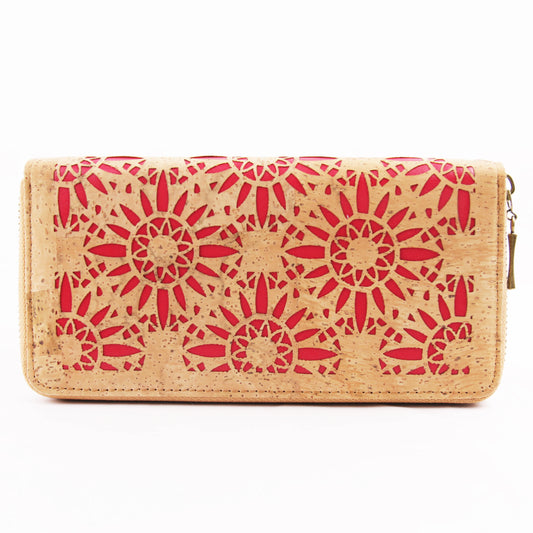 Laser Cut Red Floral Natural Cork Women Wallets Gift for Vegan