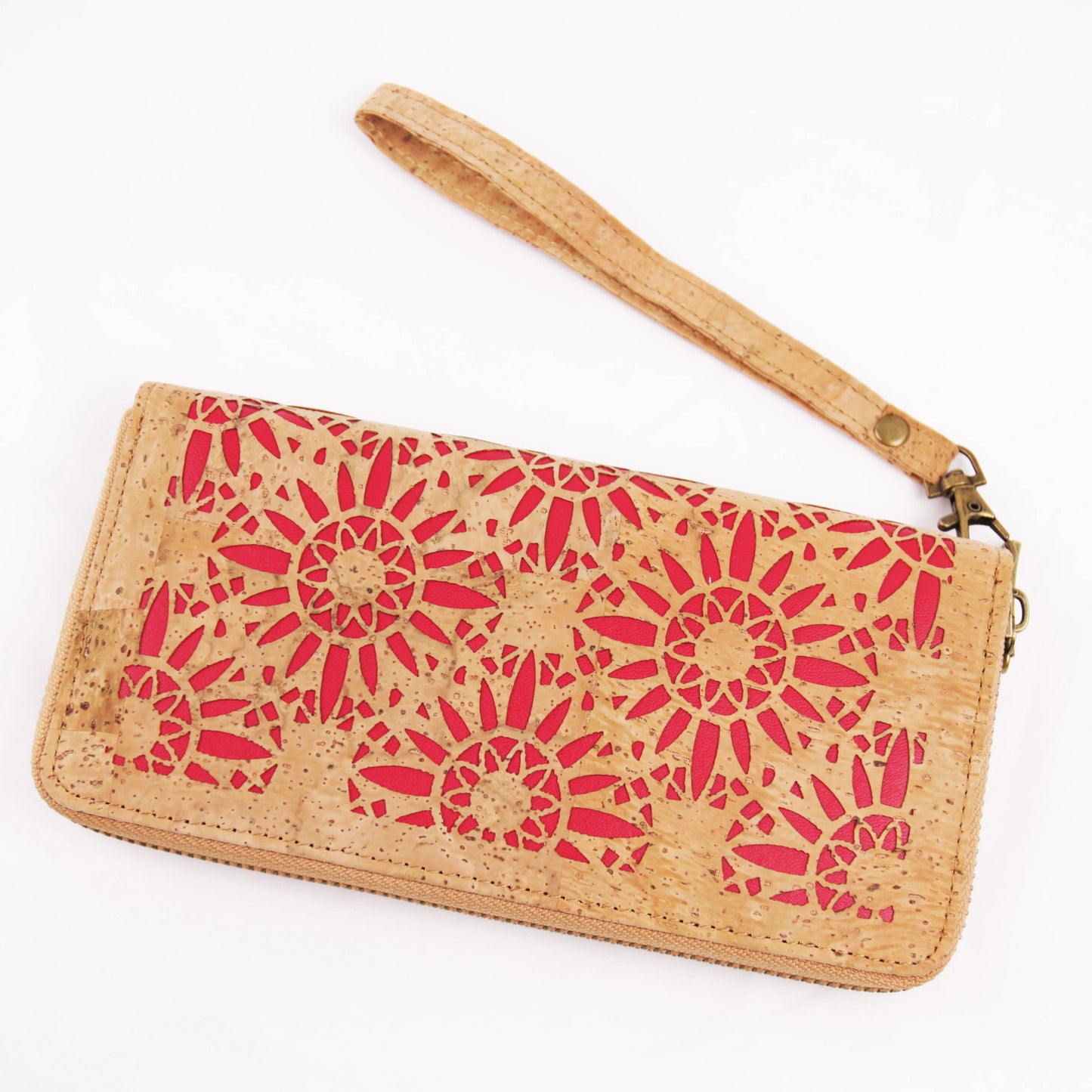 Laser Cut Red Floral Natural Cork Women Wallets Gift for Vegan